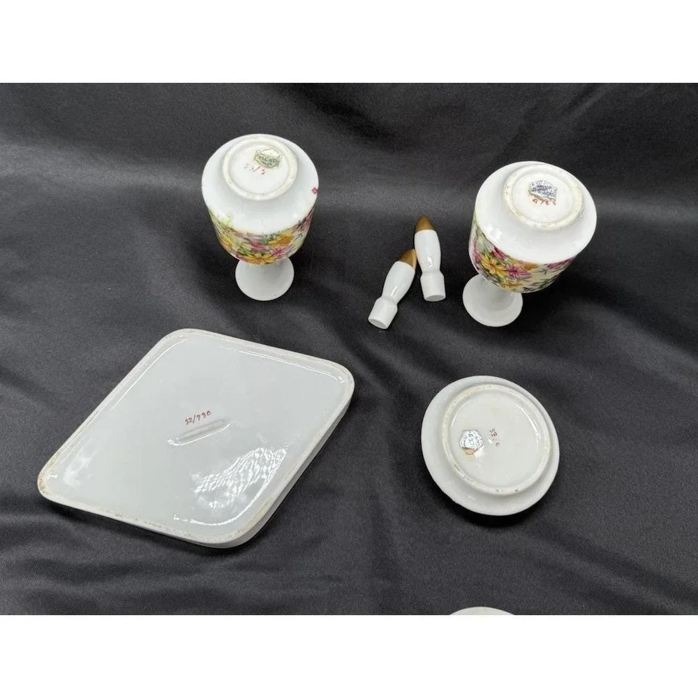 Vintage Tilso Japan Floral Gold Porcelain Dresser Vanity 4 Piece Set Bath Decor